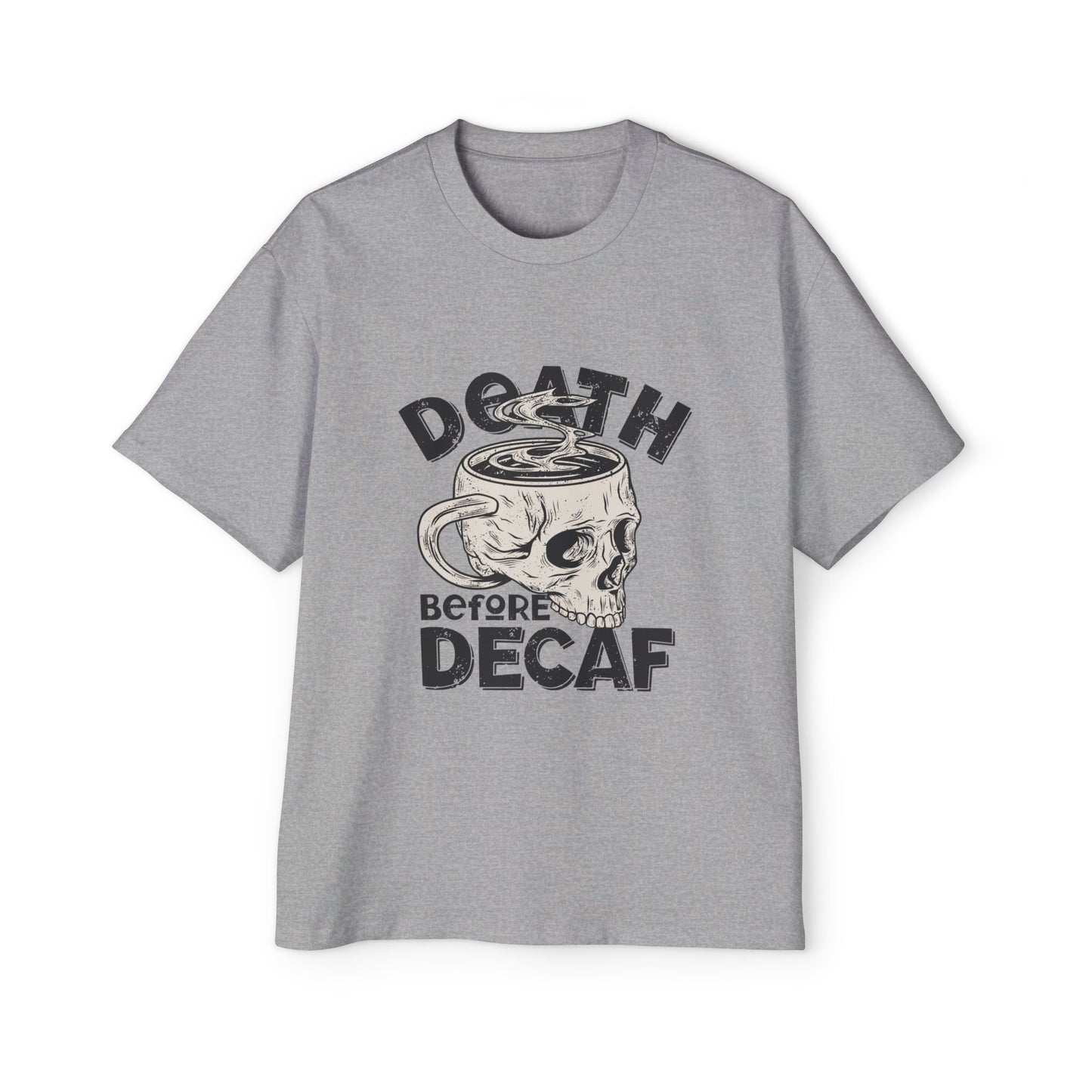 Skull Coffee Tee — "Death Before Decaf" Graphic Oversized Shirt