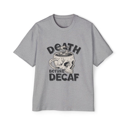Skull Coffee Tee — "Death Before Decaf" Graphic Oversized Shirt