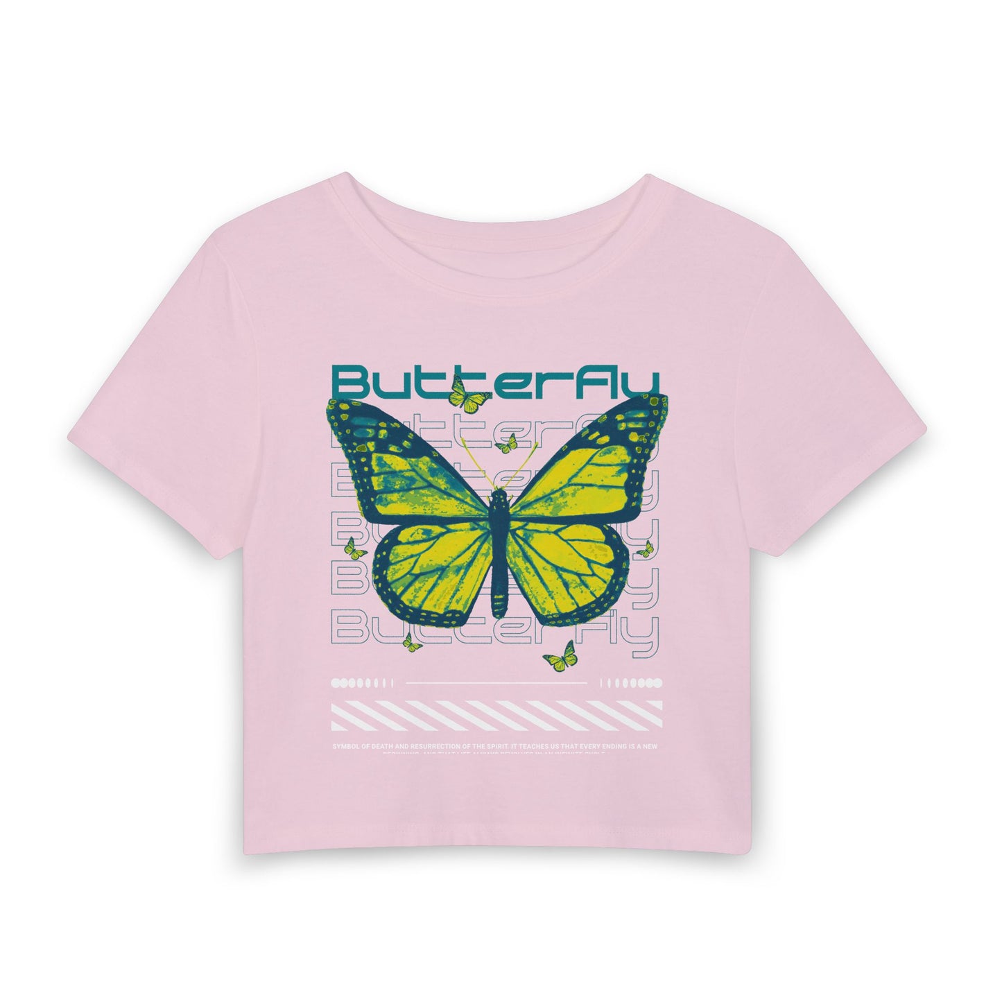 Butterfly Graphic Baby Tee — Yellow & Teal Butterfly Print Cropped T-Shirt