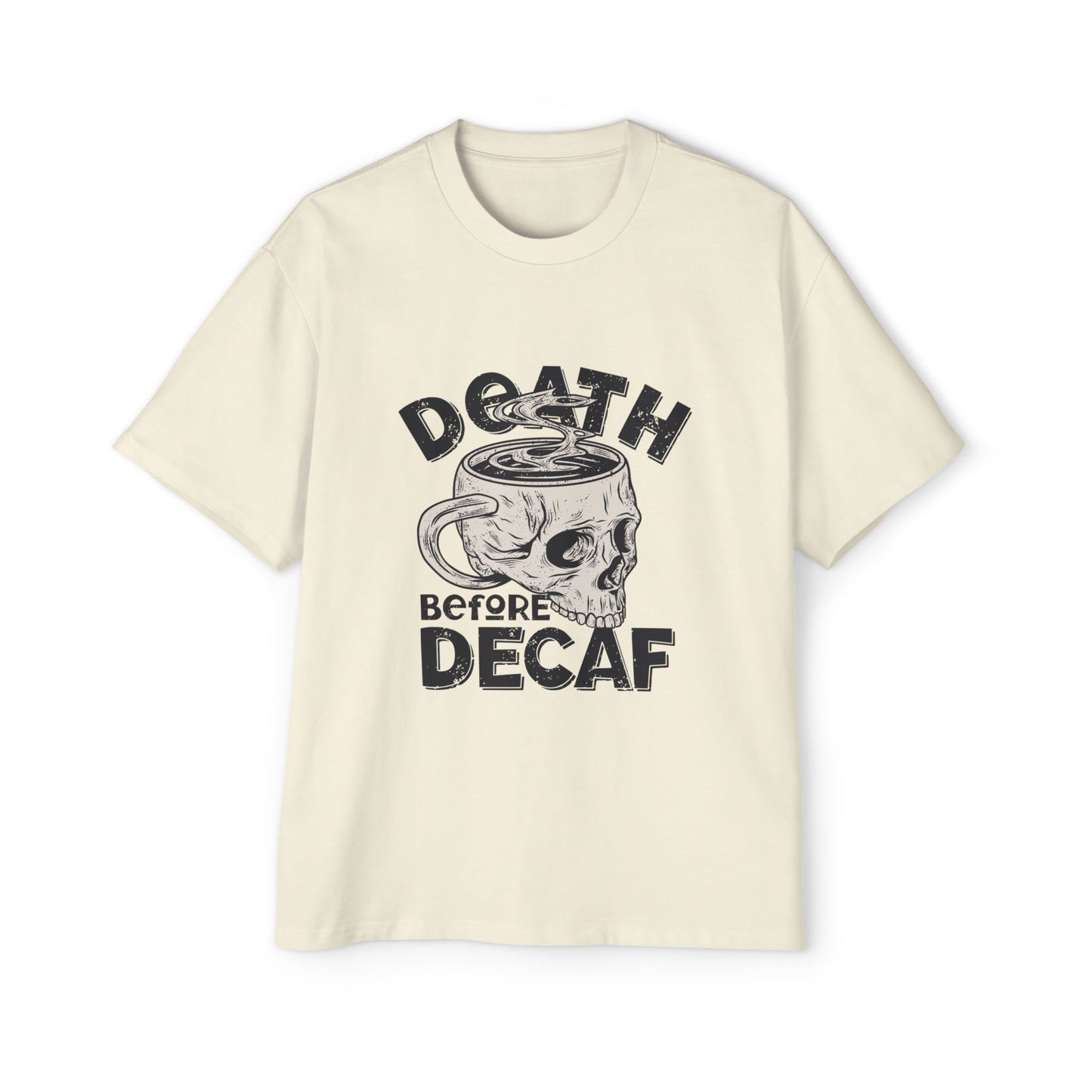 Skull Coffee Tee — "Death Before Decaf" Graphic Oversized Shirt