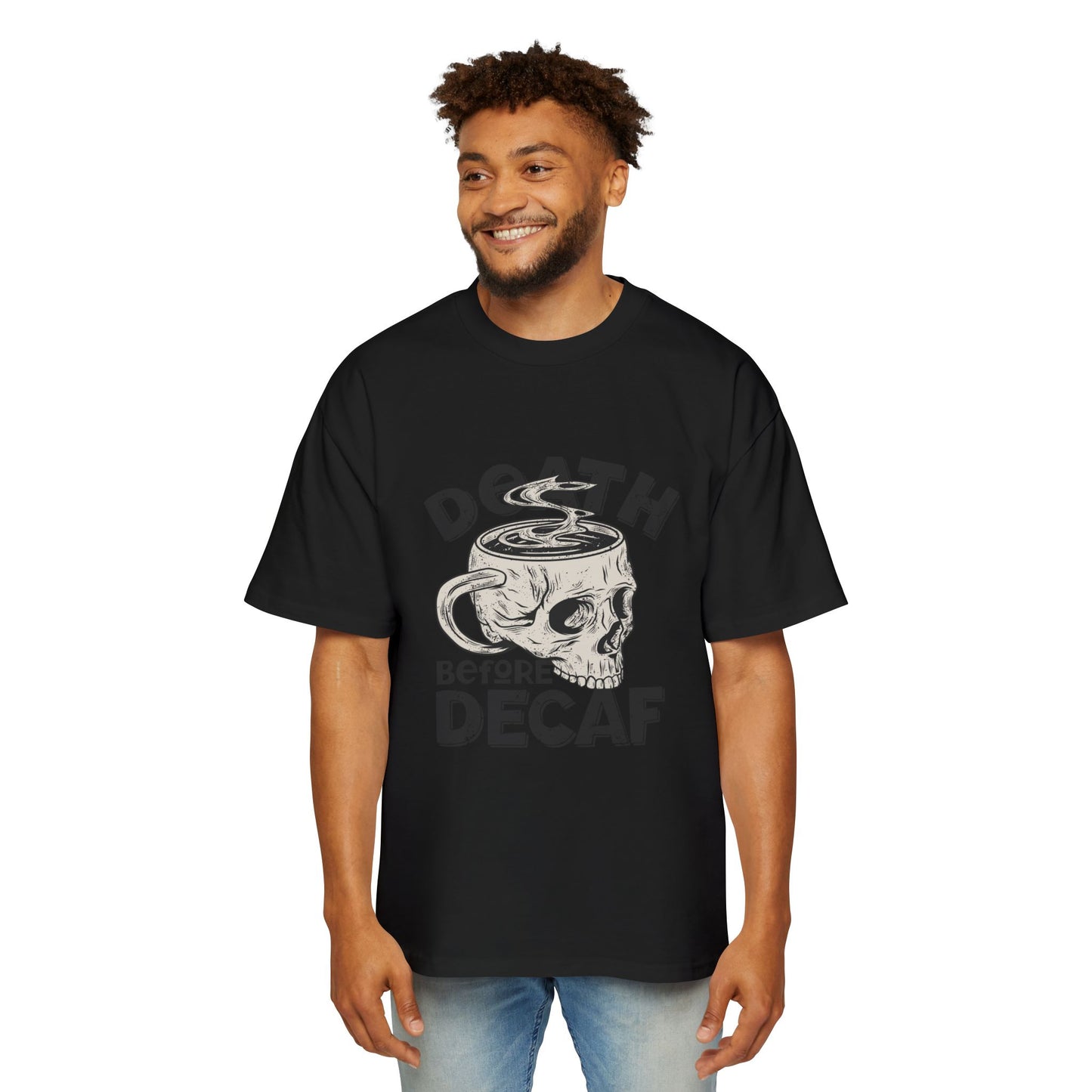 Skull Coffee Tee — "Death Before Decaf" Graphic Oversized Shirt