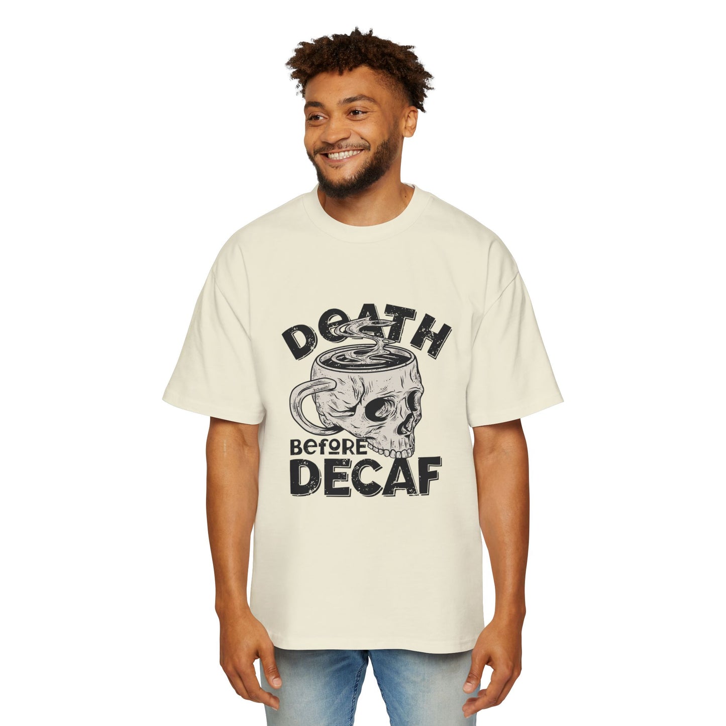 Skull Coffee Tee — "Death Before Decaf" Graphic Oversized Shirt