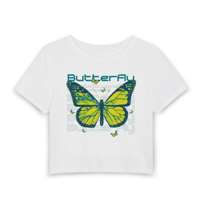 Butterfly Graphic Baby Tee — Yellow & Teal Butterfly Print Cropped T-Shirt