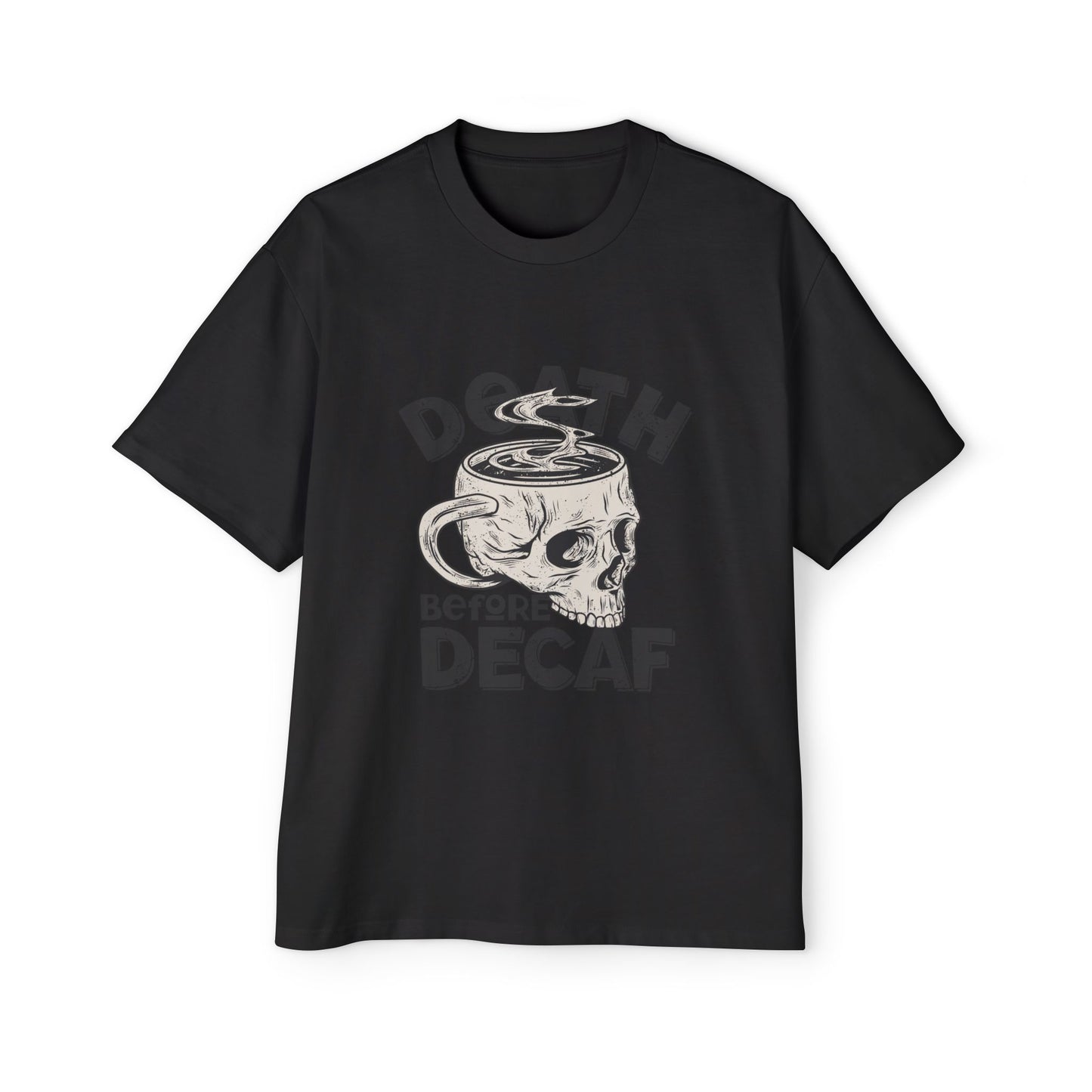 Skull Coffee Tee — "Death Before Decaf" Graphic Oversized Shirt