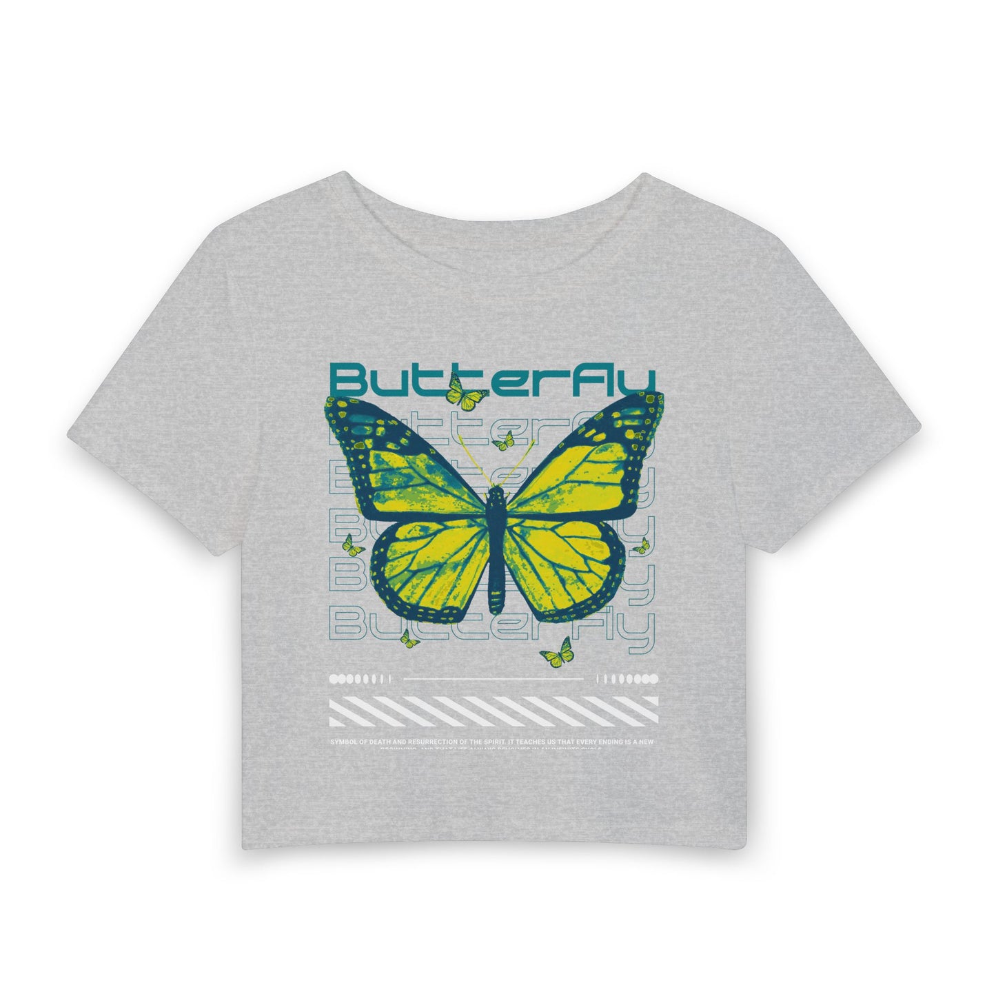 Butterfly Graphic Baby Tee — Yellow & Teal Butterfly Print Cropped T-Shirt